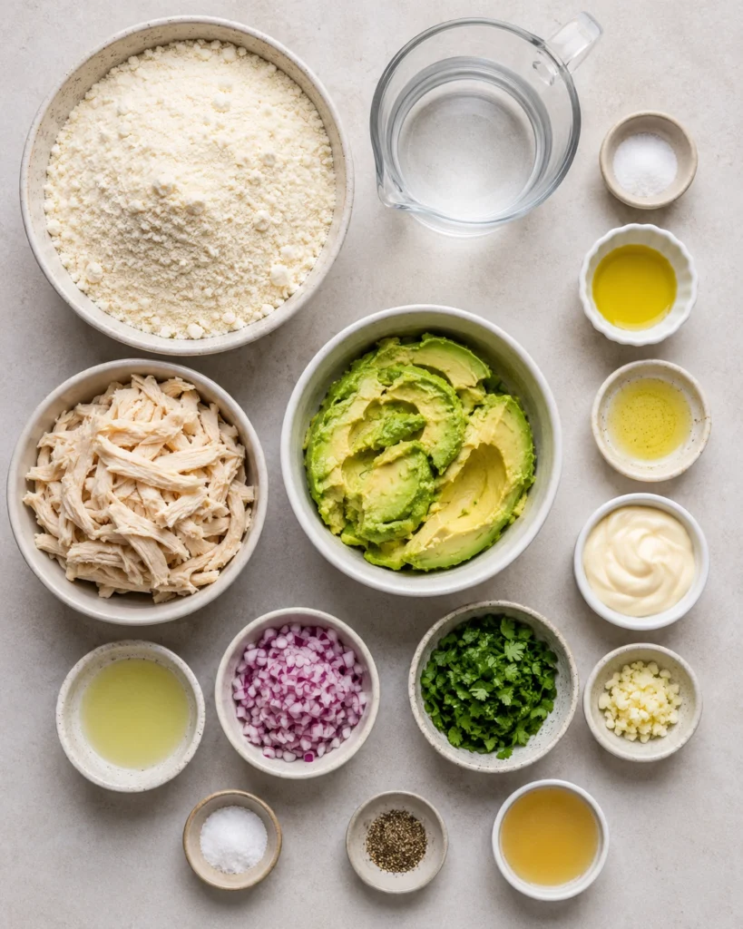 Ingredientes para arepas reina pepiada con harina de maíz, pollo desmechado, aguacate, mayonesa, cebolla morada y cilantro.