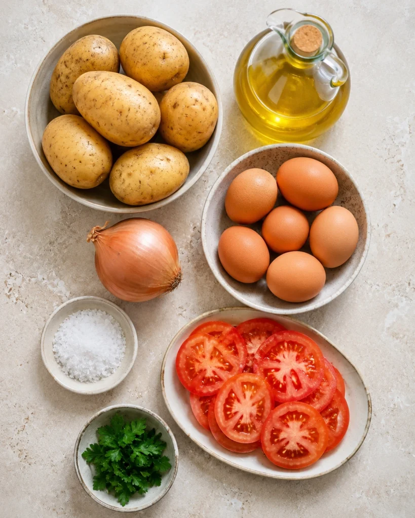Tortilla de Patatas Perfecta en 30 Minutos 3 Patatas, huevos, cebolla, aceite de oliva, sal, tomate en rodajas y perejil organizados sobre una superficie clara de cocina