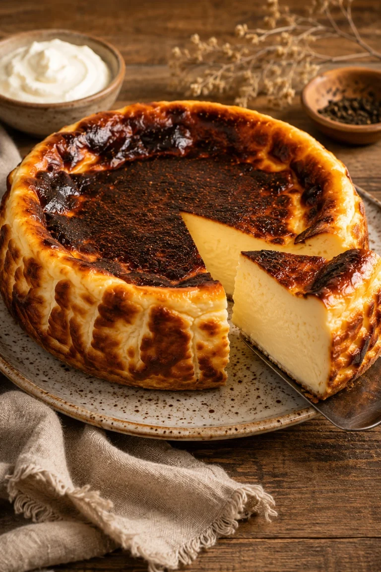Tarta de Queso estilo La Viña con superficie tostada y un corte cremoso sobre plato rústico