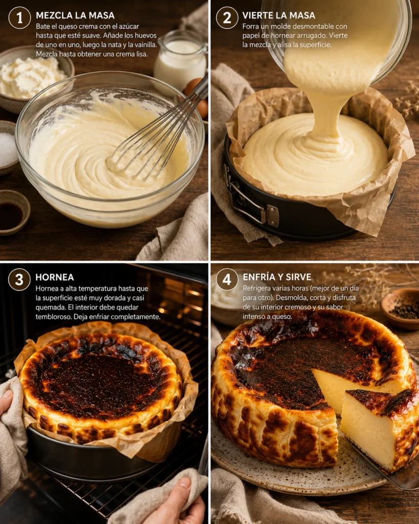 Tarta de Queso de La Viña: receta cremosa al horno 3 Collage con los pasos para mezclar, verter, hornear y servir una tarta cremosa al horno