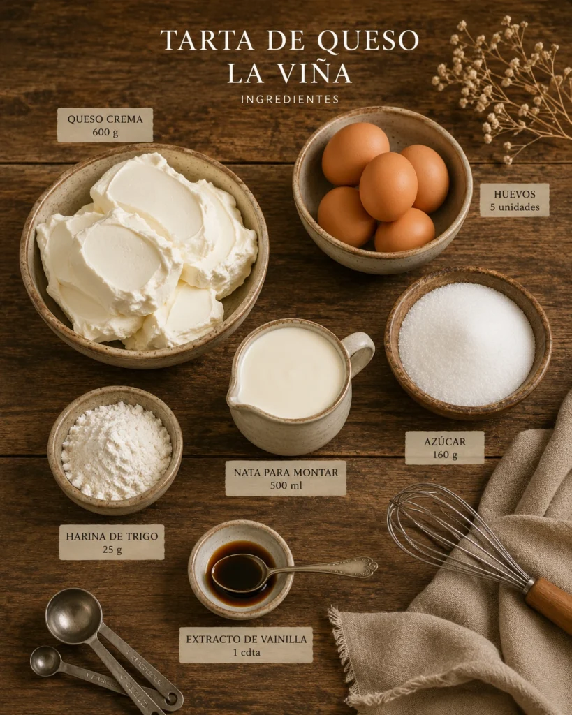 Tarta de Queso de La Viña: receta cremosa al horno 2 Ingredientes para una tarta cremosa con queso crema, huevos, nata, azúcar, harina y vainilla