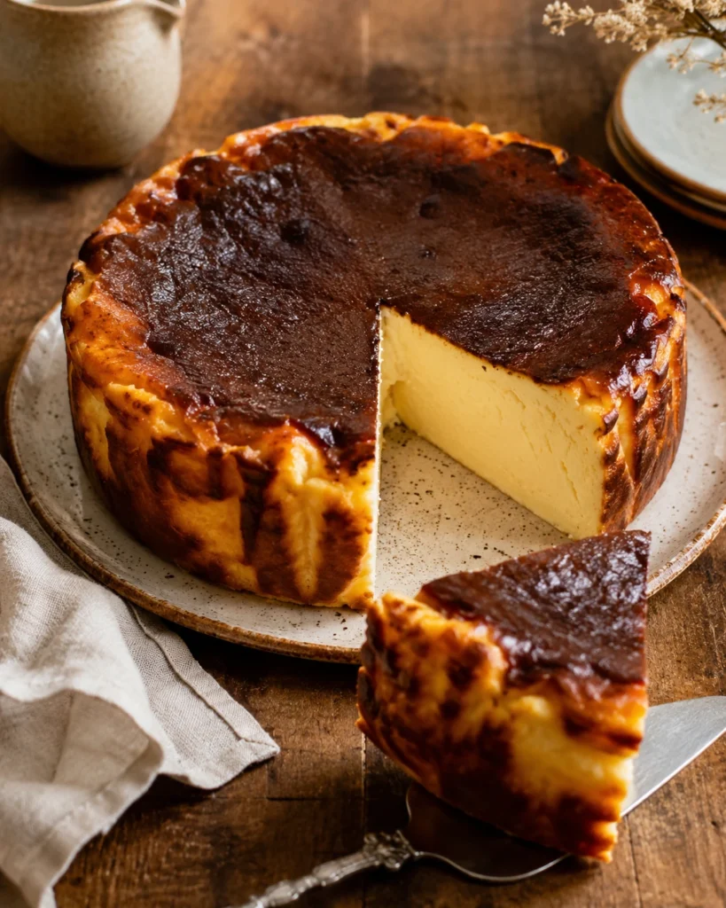 Tarta de Queso de La Viña: receta cremosa al horno 4 Tarta dorada con una porción cortada mostrando un interior firme, suave y cremoso