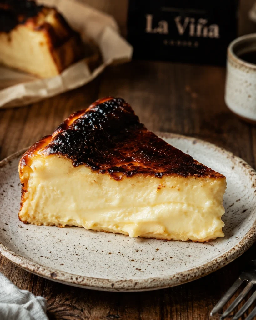Tarta de Queso de La Viña: receta cremosa al horno 5 Porción de tarta con parte superior caramelizada e interior muy cremoso sobre plato rústico