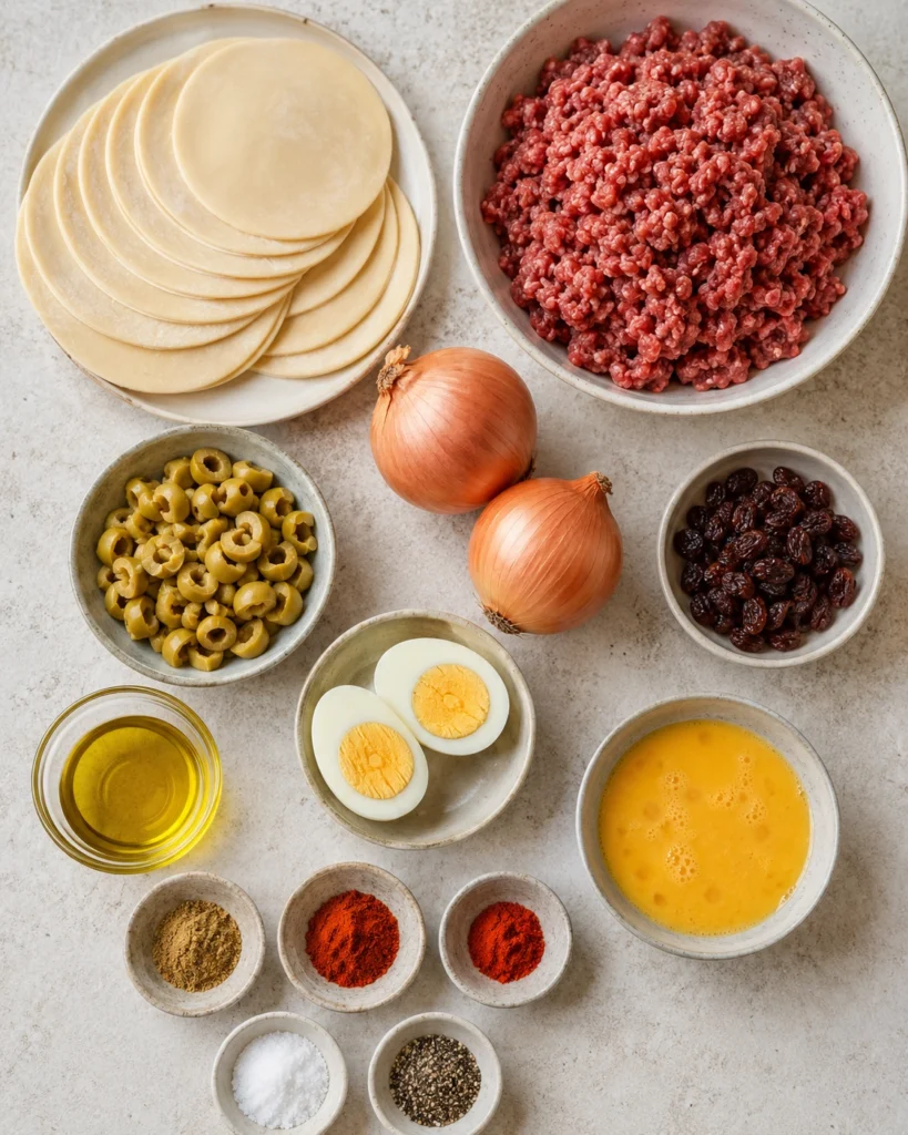 Empanadas argentinas de carne 3 Ingredientes para empanadas argentinas de carne con masa, ternera picada, cebolla, aceitunas, huevo y especias.