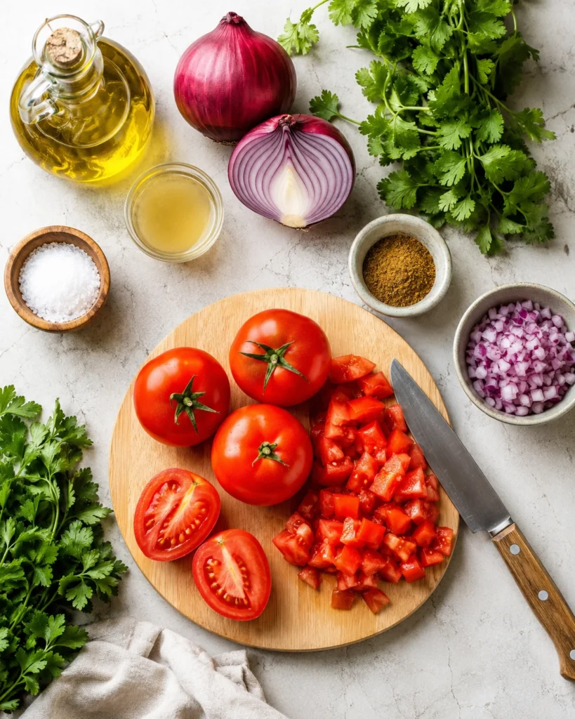 ingredientes para ensalada de tomate con tomates maduros, cebolla, cilantro, comino y aceite de oliva