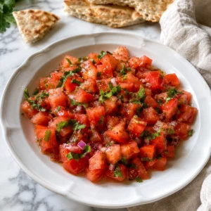 ensalada de tomate servida en plato blanco con pan pita tostado para una cena ligera