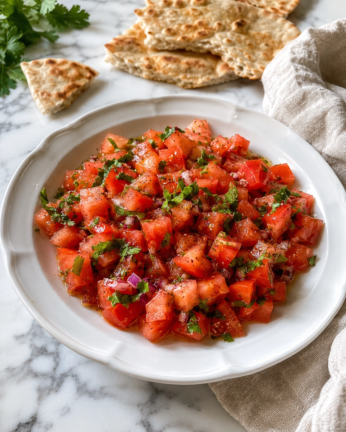 ensalada de tomate servida en plato blanco con pan pita tostado para una cena ligera
