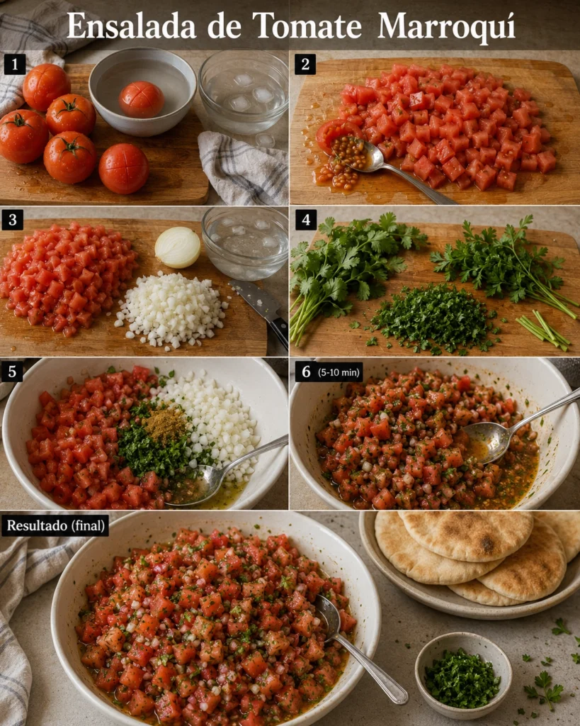 ensalada de tomate paso a paso con tomates picados, cebolla, hierbas y pan pita