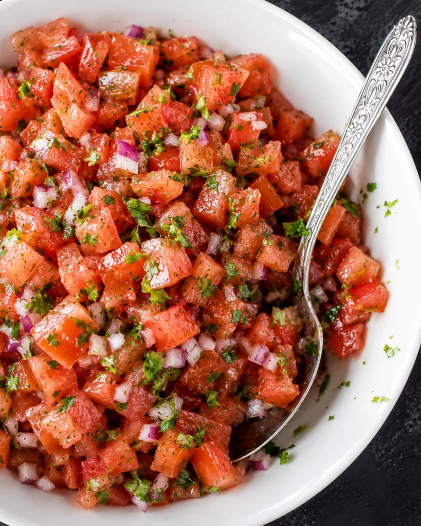 ensalada de tomate marroquí con cebolla morada, cilantro fresco y cuchara en plato blanco