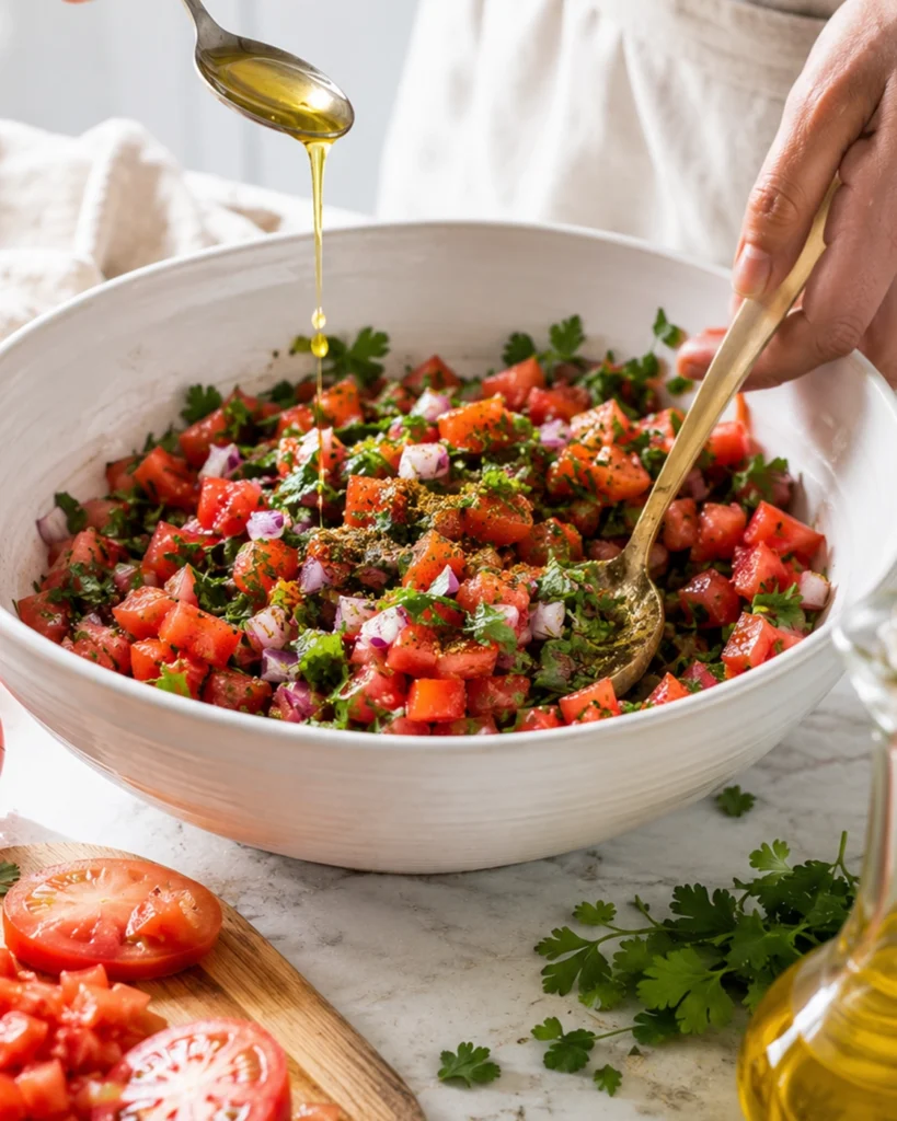 ensalada de tomate con aceite de oliva, hierbas frescas y comino durante la preparación