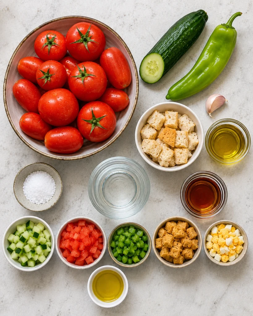 Ingredientes frescos para preparar una sopa fría de tomate con pepino, pimiento verde, ajo, aceite de oliva y pan.