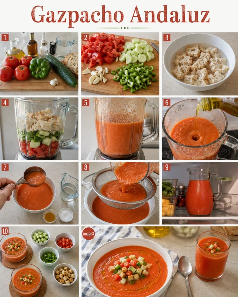Proceso paso a paso para preparar una sopa fría tradicional con tomate, pepino y pimiento verde.
