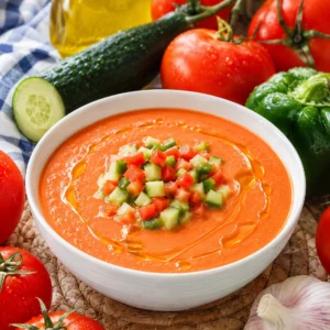 Primer plano de sopa Gazpacho Andaluzfría cremosa decorada con dados de pepino y tomate fresco.