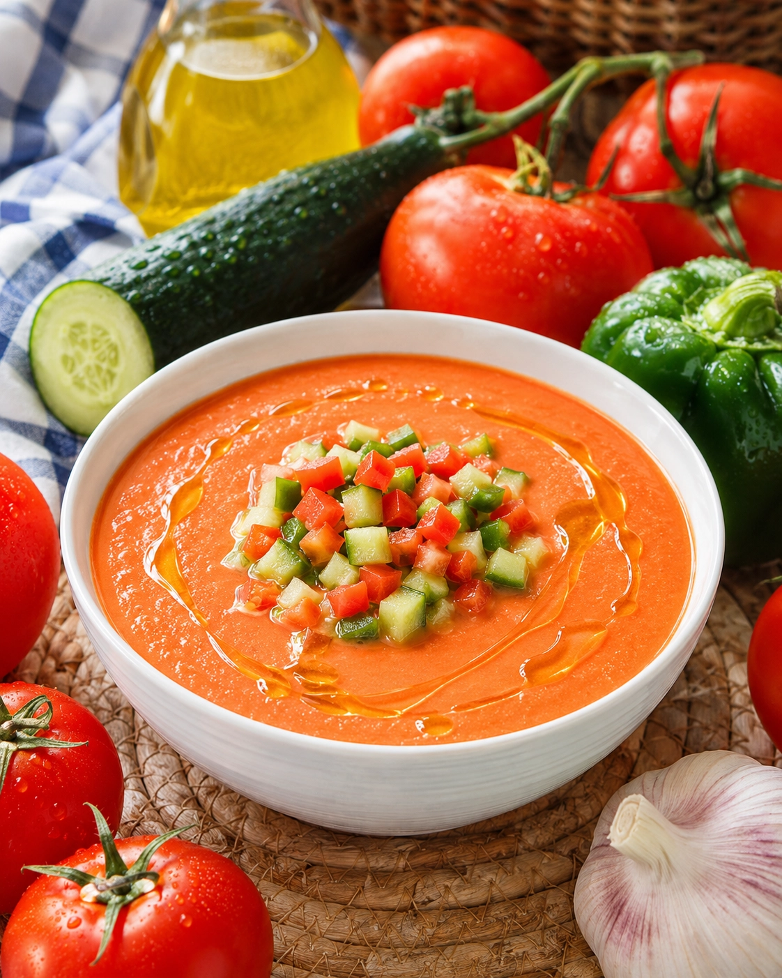 Primer plano de sopa Gazpacho Andaluzfría cremosa decorada con dados de pepino y tomate fresco.