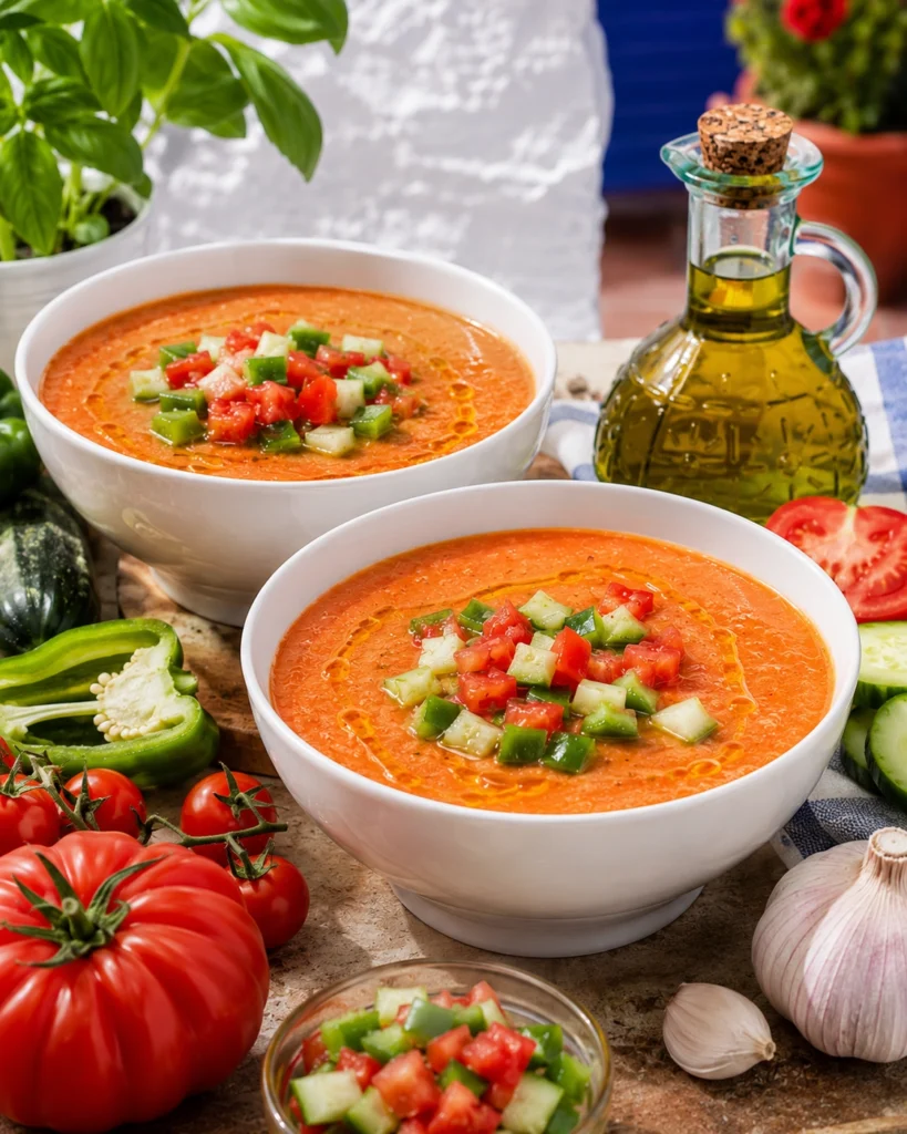Cuencos de sopa fría de tomate decorados con verduras frescas y aceite de oliva sobre una mesa mediterránea.