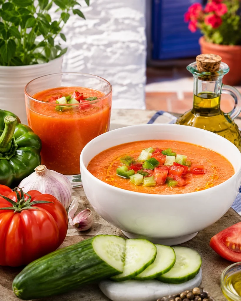 Bol y vaso de sopa fría elaborada con tomate fresco, acompañados de verduras mediterráneas.