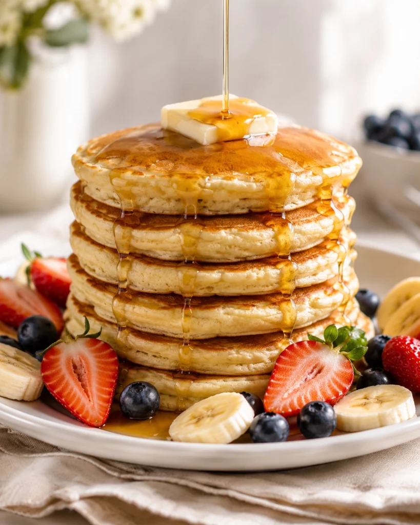 Torre de pancakes dorados con miel cayendo, mantequilla encima y frutas frescas alrededor.