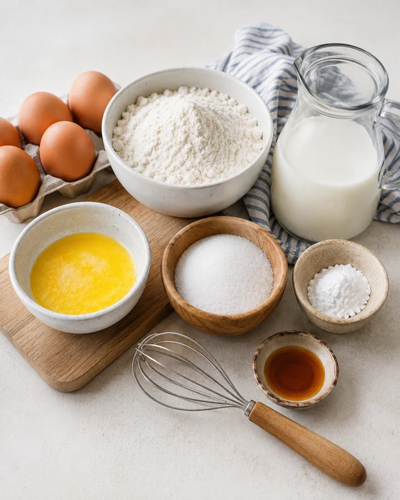 Harina, huevos, leche, mantequilla, azúcar, vainilla y polvos de hornear preparados sobre una mesa clara.