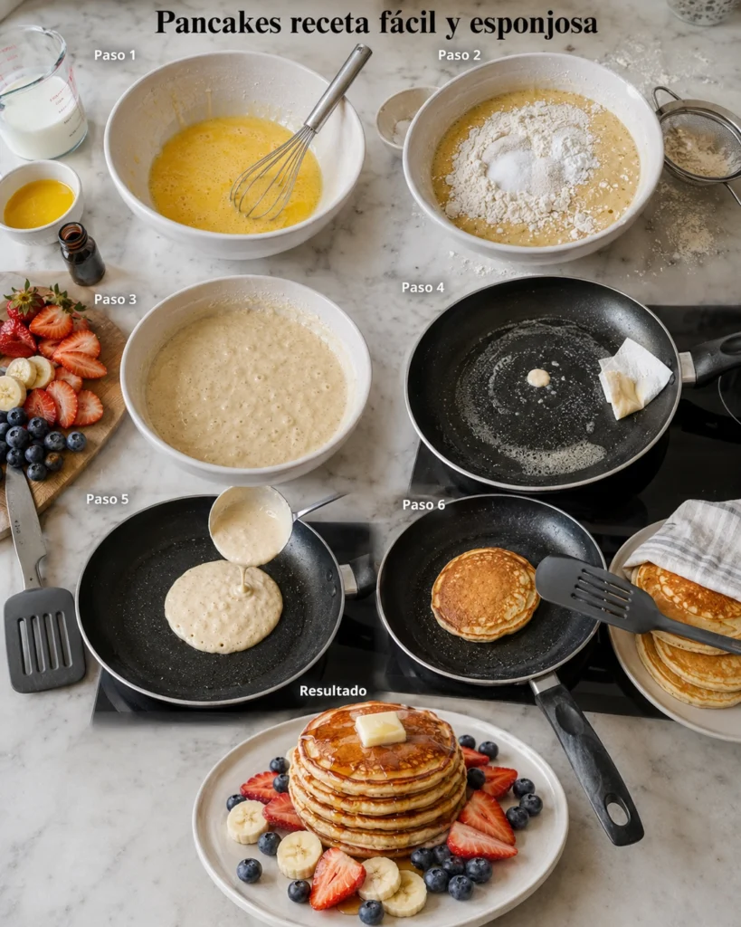 Collage con los pasos para preparar pancakes caseros, desde la mezcla de la masa hasta el resultado final con frutas.