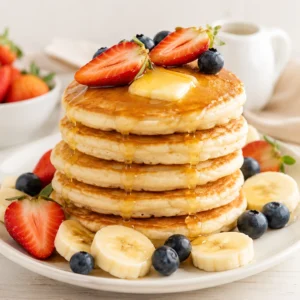 pancakes receta suaves servidos con fresas, arándanos, rodajas de plátano, mantequilla y miel.