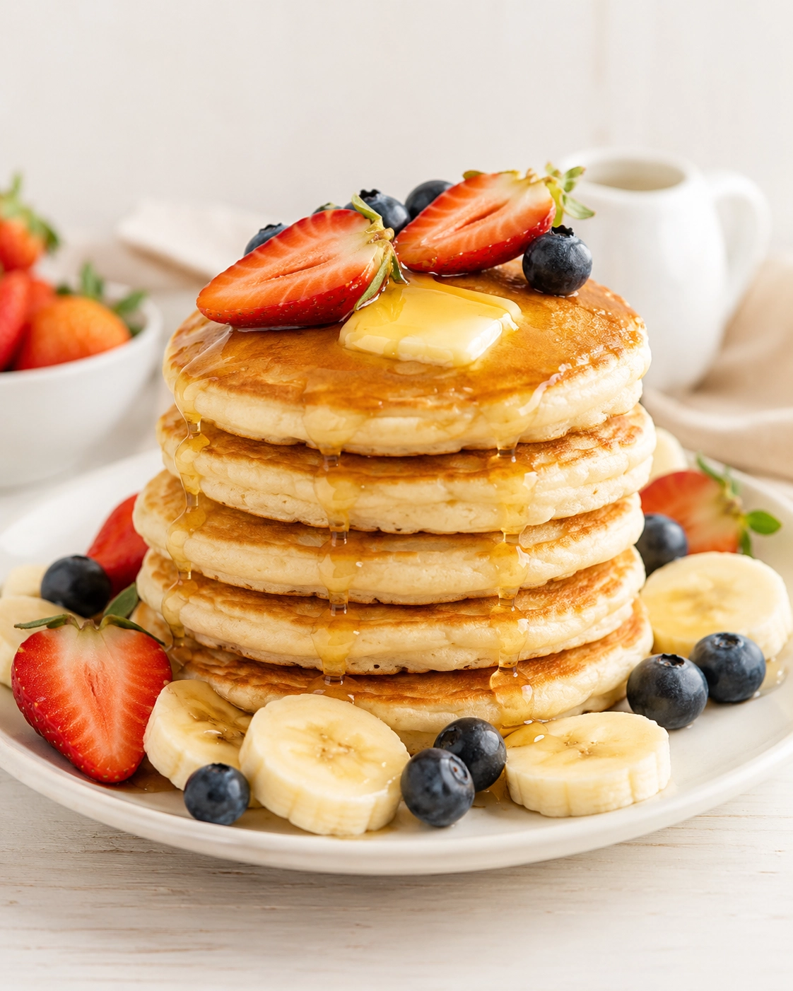 pancakes receta suaves servidos con fresas, arándanos, rodajas de plátano, mantequilla y miel.