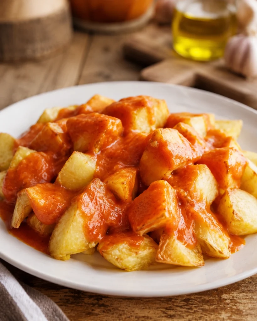 Patatas Bravas Caseras 5 Patatas doradas cubiertas con salsa de tomate especiada sobre plato blanco