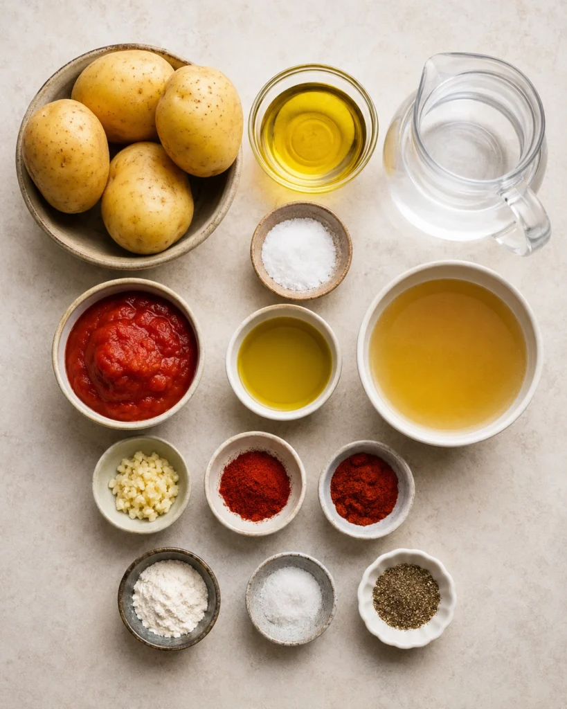 Patatas Bravas Caseras 3 Ingredientes organizados para elaborar una salsa brava casera y patatas crujientes