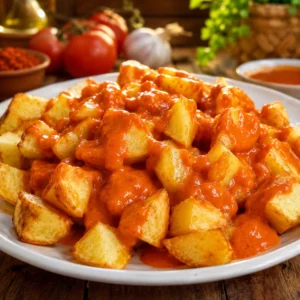 Patatas Bravas Caseras 7 Plato de patatas crujientes acompañado con salsa roja casera