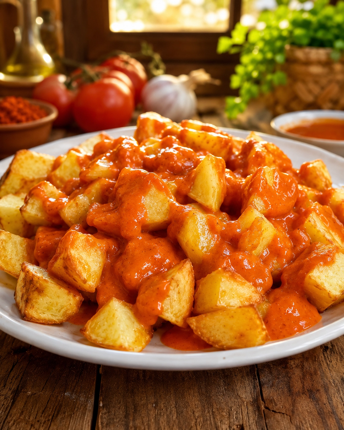 Patatas Bravas Caseras 1 Plato de patatas crujientes acompañado con salsa roja casera