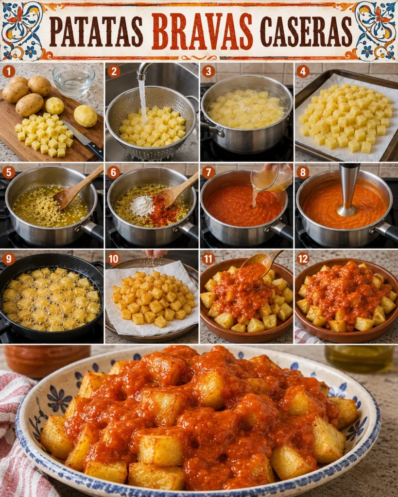 Patatas Bravas Caseras 4 Proceso completo de preparación desde los ingredientes hasta el plato terminado
