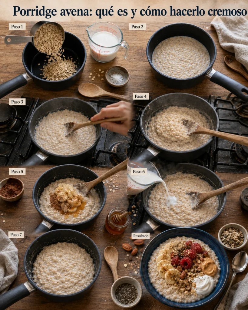 Porridge avena 3 Collage paso a paso para preparar porridge de avena cremoso desde la cocción hasta el resultado final.