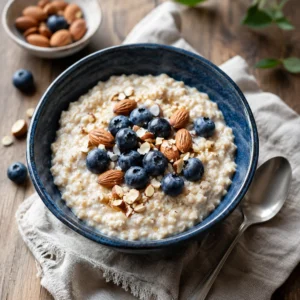 Porridge avena 6 Bol azul con porridge de avena, arándanos, almendras y servilleta de lino sobre mesa de madera.