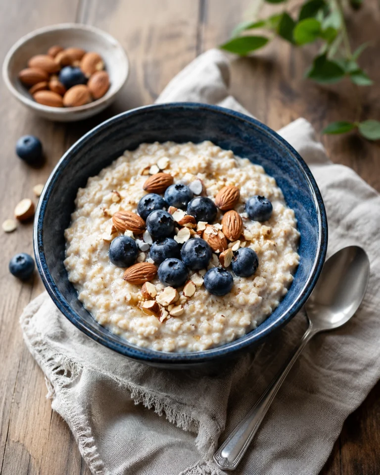 Bol azul con porridge de avena, arándanos, almendras y servilleta de lino sobre mesa de madera.