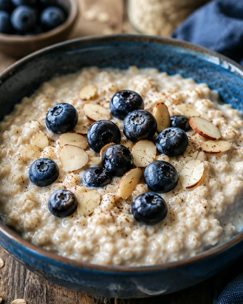 Porridge avena 4 Primer plano de porridge avena con arándanos, almendras laminadas y un toque de canela.
