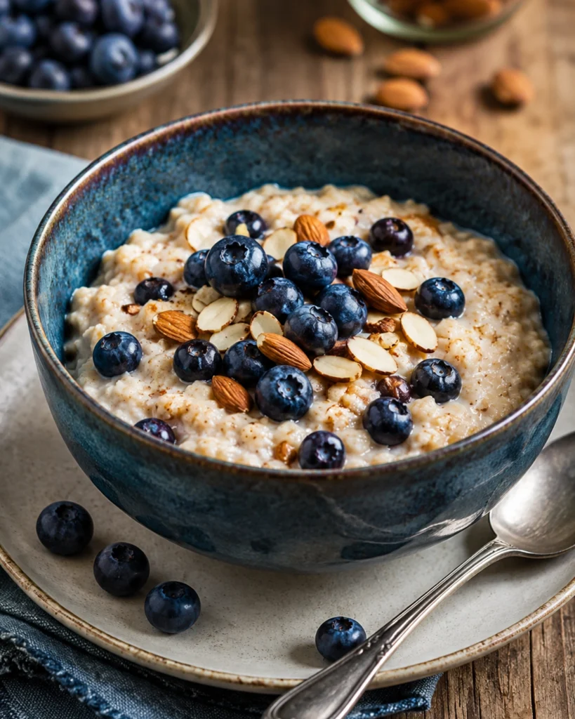 Porridge avena 2 Bol de porridge cremoso con arándanos frescos, almendras y una cuchara sobre mesa rústica.