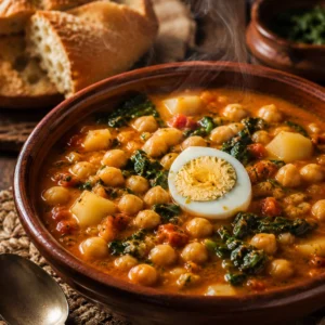 Potaje de Garbanzos casero servido caliente con pan rústico.