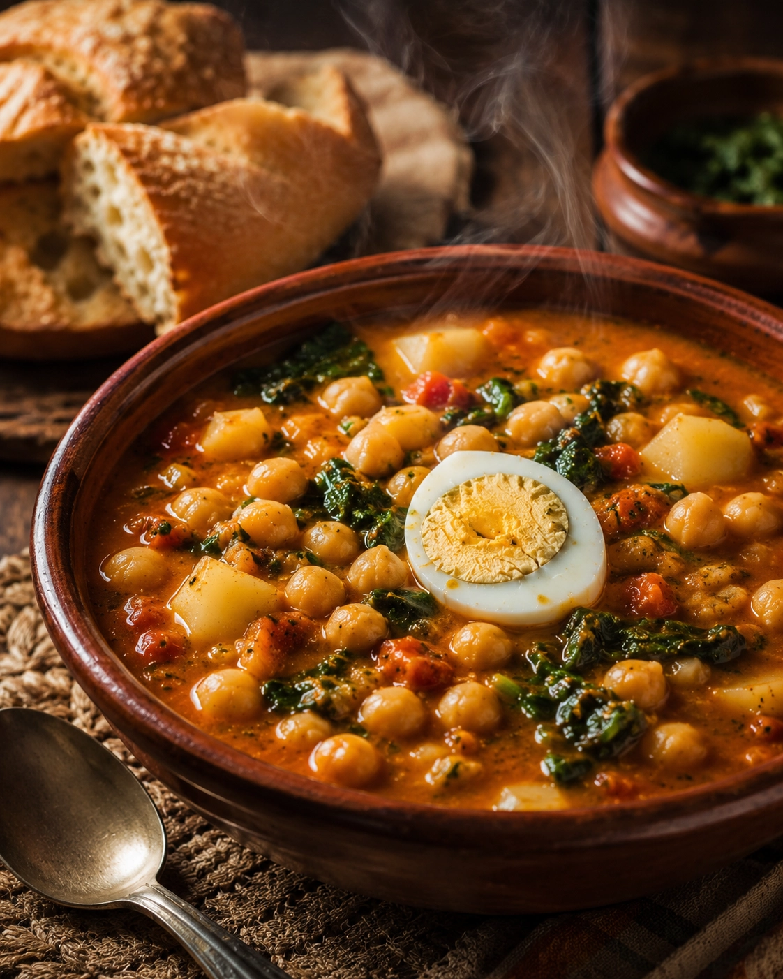 Potaje de Garbanzos casero servido caliente con pan rústico.