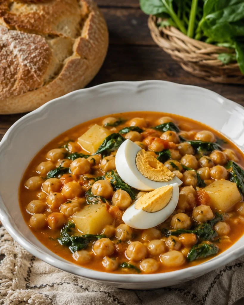 Potaje de Garbanzos tradicional con patata, espinacas y huevo cocido.