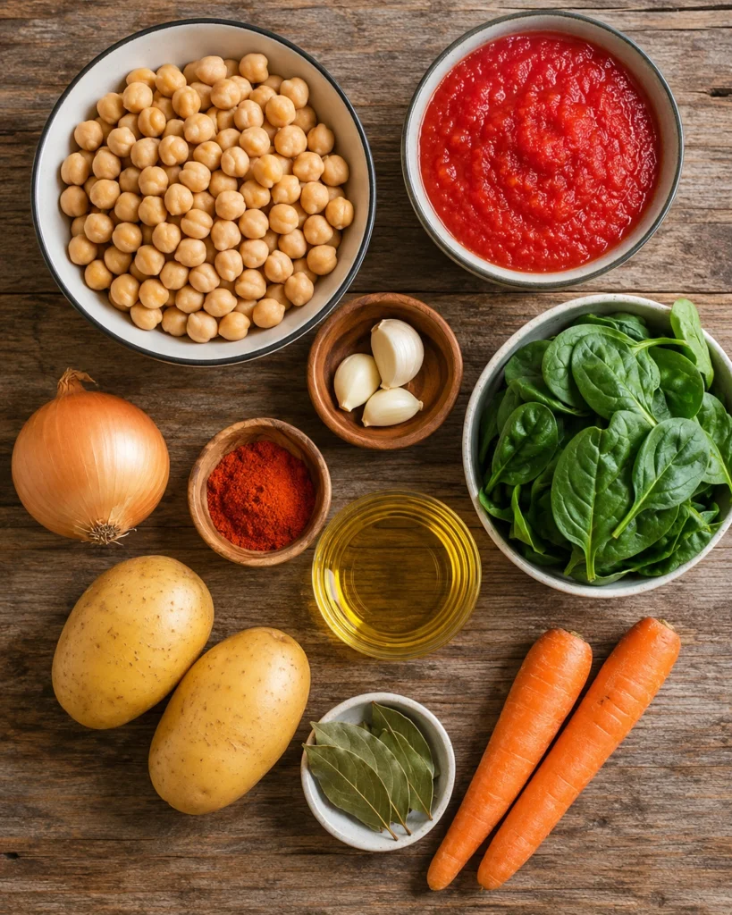 Ingredientes frescos para preparar Potaje de Garbanzos tradicional.