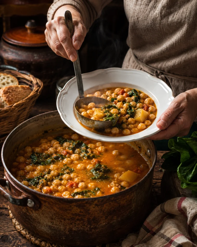 Potaje de Garbanzos recién hecho servido desde una olla casera.
