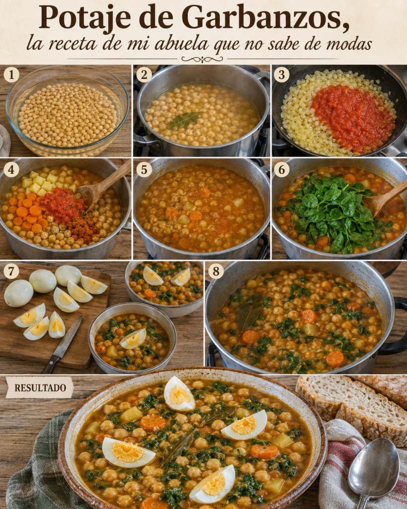Potaje de Garbanzos paso a paso con tomate, espinacas, verduras y huevo duro.