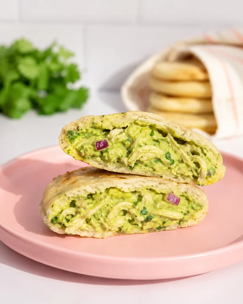 Arepas reina pepiada partidas con relleno cremoso de pollo, aguacate, cilantro y cebolla morada sobre plato rosa.
