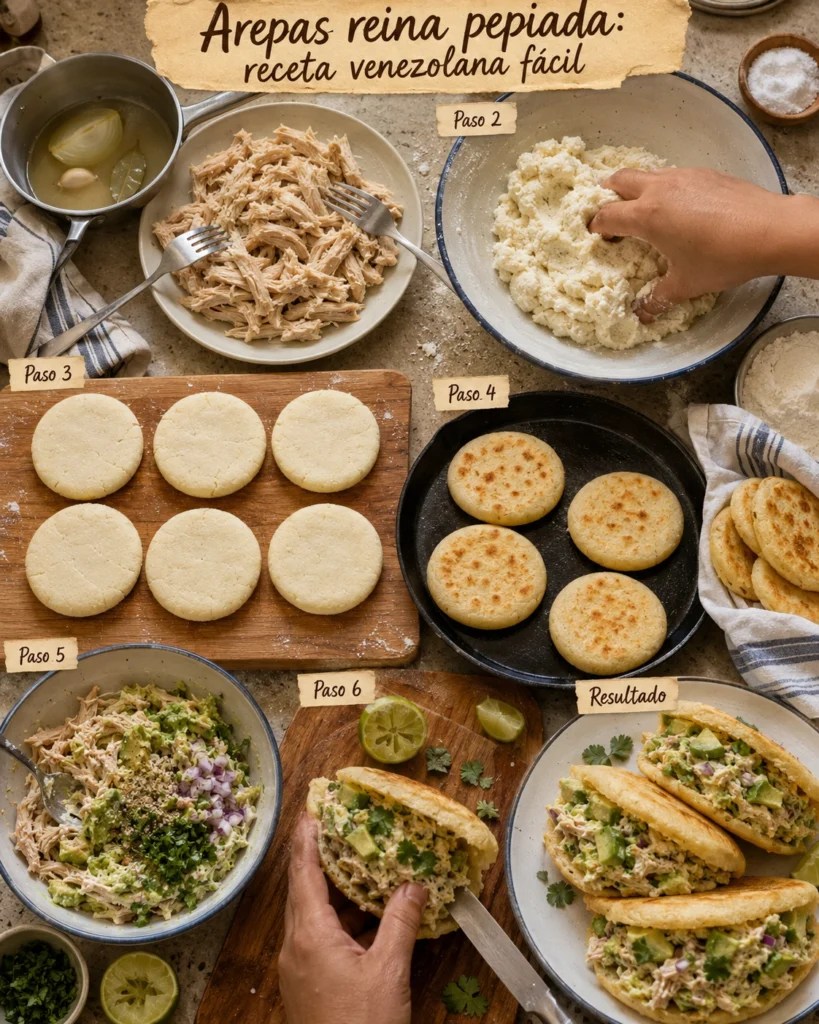 Pasos para preparar arepas reina pepiada con masa de maíz, pollo desmechado, aguacate y relleno cremoso.
