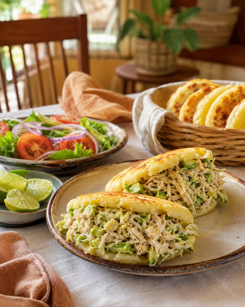 Arepas reina pepiada rellenas de pollo y aguacate, acompañadas con ensalada fresca y limones para cenar.