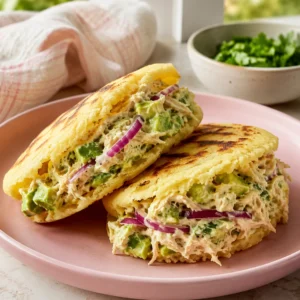 Arepas reina pepiada doradas y rellenas con pollo desmechado, aguacate en cubos, cebolla morada y cilantro.