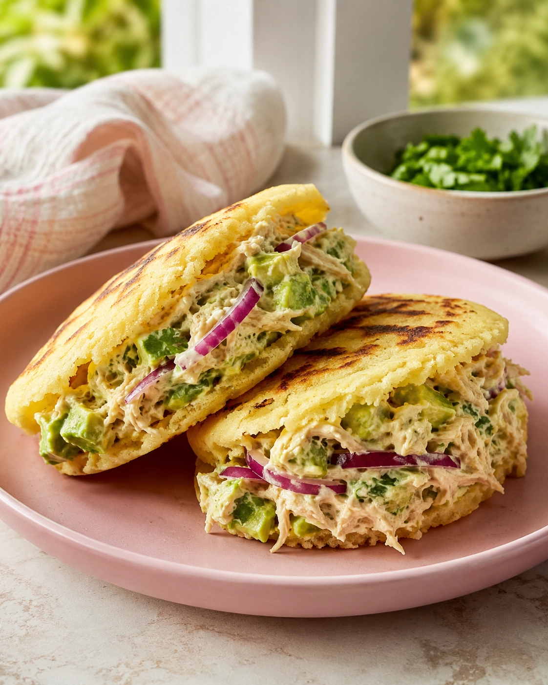 Arepas reina pepiada doradas y rellenas con pollo desmechado, aguacate en cubos, cebolla morada y cilantro.