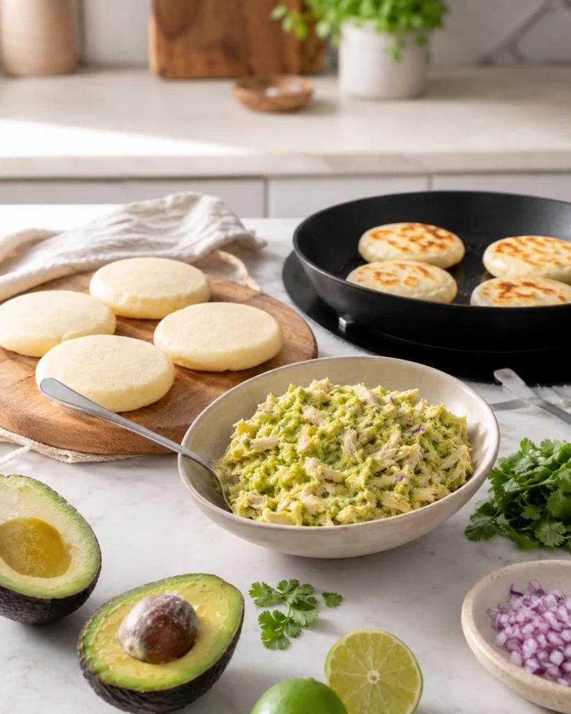 Preparación casera de arepas reina pepiada con arepas dorándose, relleno de pollo, aguacate, lima y cilantro.