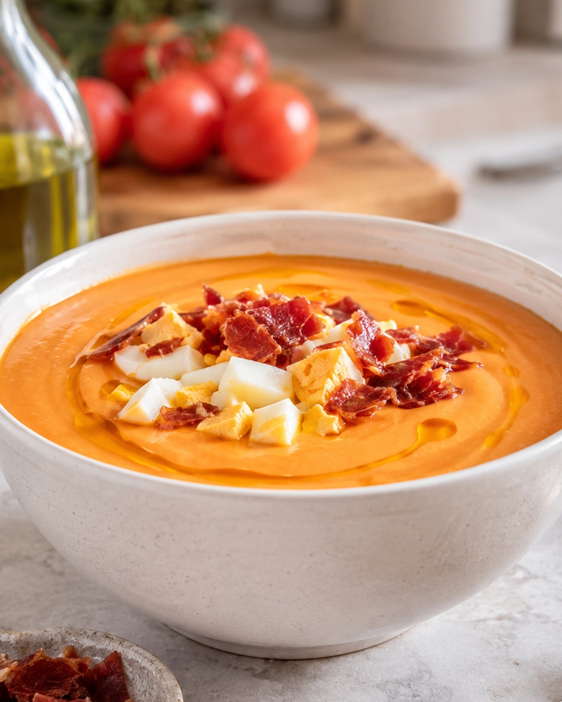 Salmorejo Cordobés: 7 Essential Tricks for the Perfect Homemade Recipe 1 Cuenco de salmorejo casero con huevo duro, jamón y aceite de oliva virgen extra
