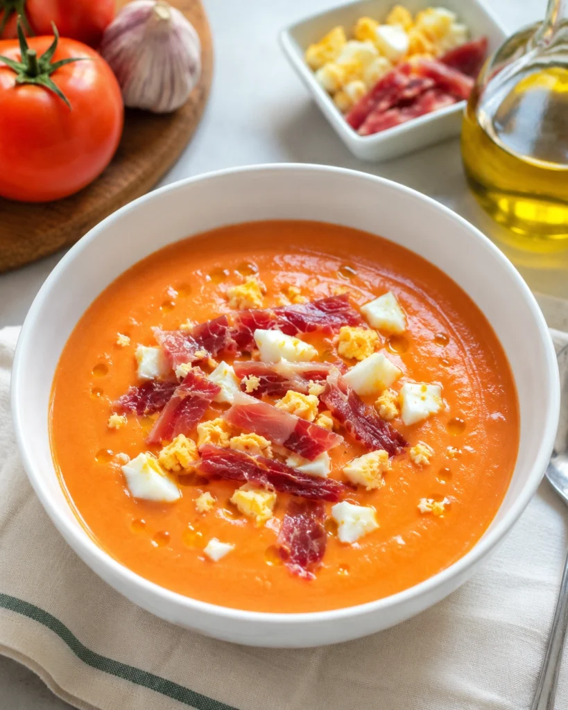 Salmorejo Cordobés: 7 Essential Tricks for the Perfect Homemade Recipe 4 Salmorejo Cordobés servido en plato blanco con huevo duro y jamón curado