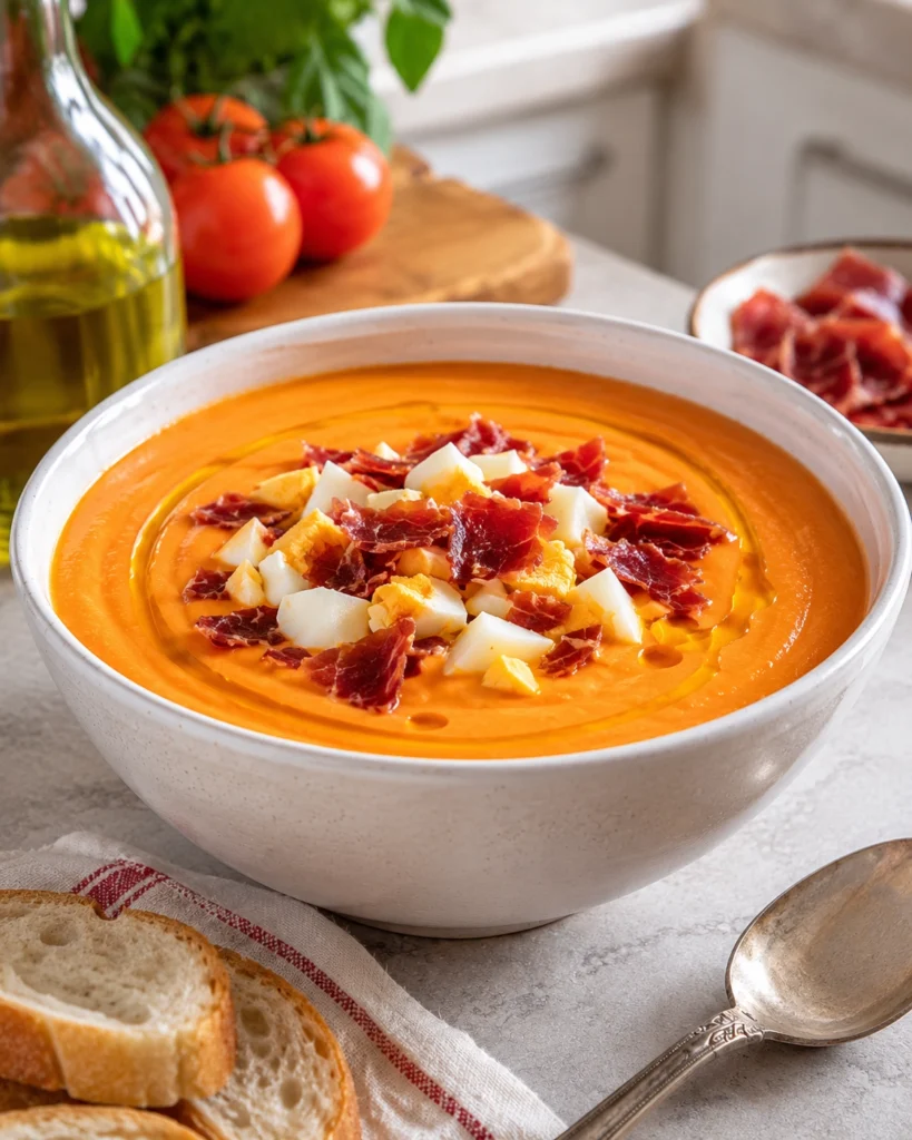 Salmorejo Cordobés: 7 Essential Tricks for the Perfect Homemade Recipe 5 Crema fría de tomate servida en cuenco blanco con huevo duro y jamón